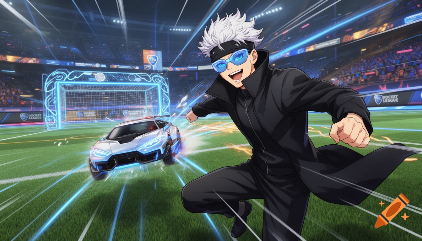 Gojo Satoru, an anime character, happily jumps in a Rocket League stadium as a futuristic car performs an air dribble.