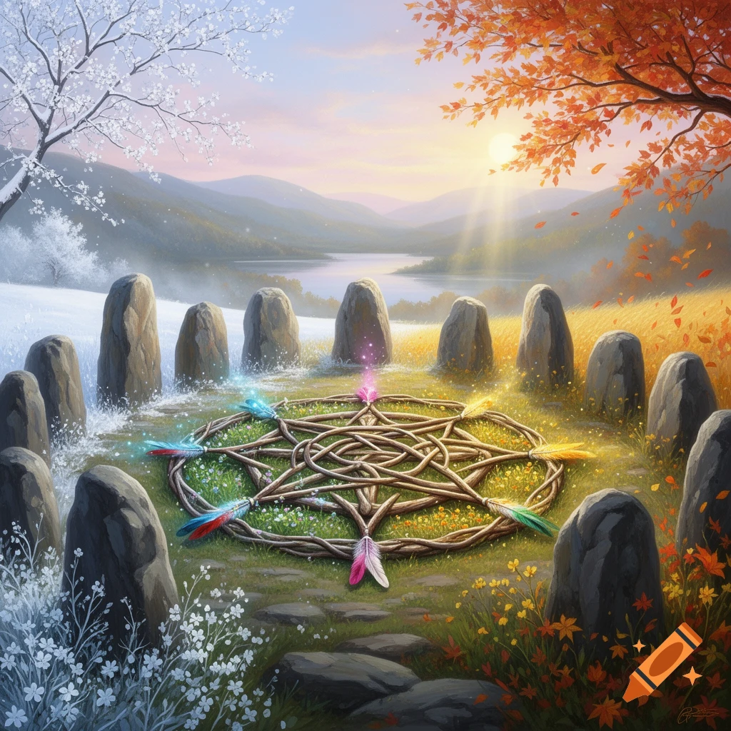 A vibrant illustrated landscape with a shamanistic medicine wheel and standing stones, blending winter on the left with autumn on the right.