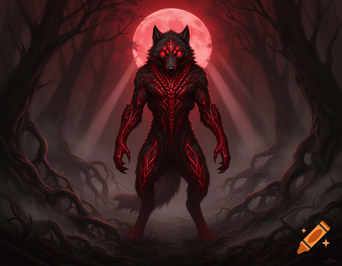 A dark, ominous werewolf with red glowing eyes and red intricate patterns on its body stands in a dimly lit forest under a large red moon.