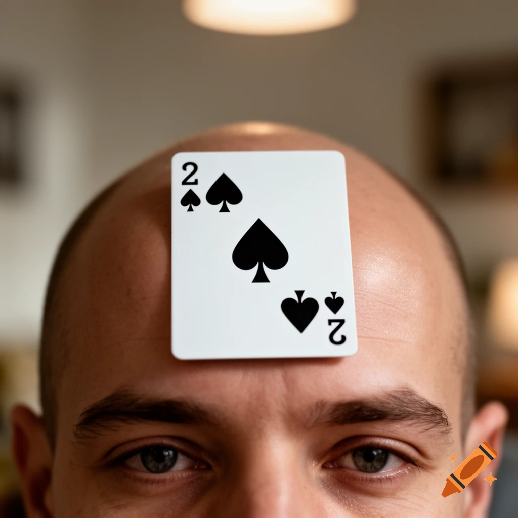Close-up of a person's forehead with a 2 of spades playing card stuck to it.