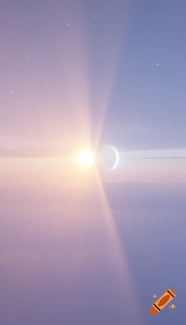 Dreamy pastel sky with sun and crescent moon, radiating soft golden and gentle moonlight.