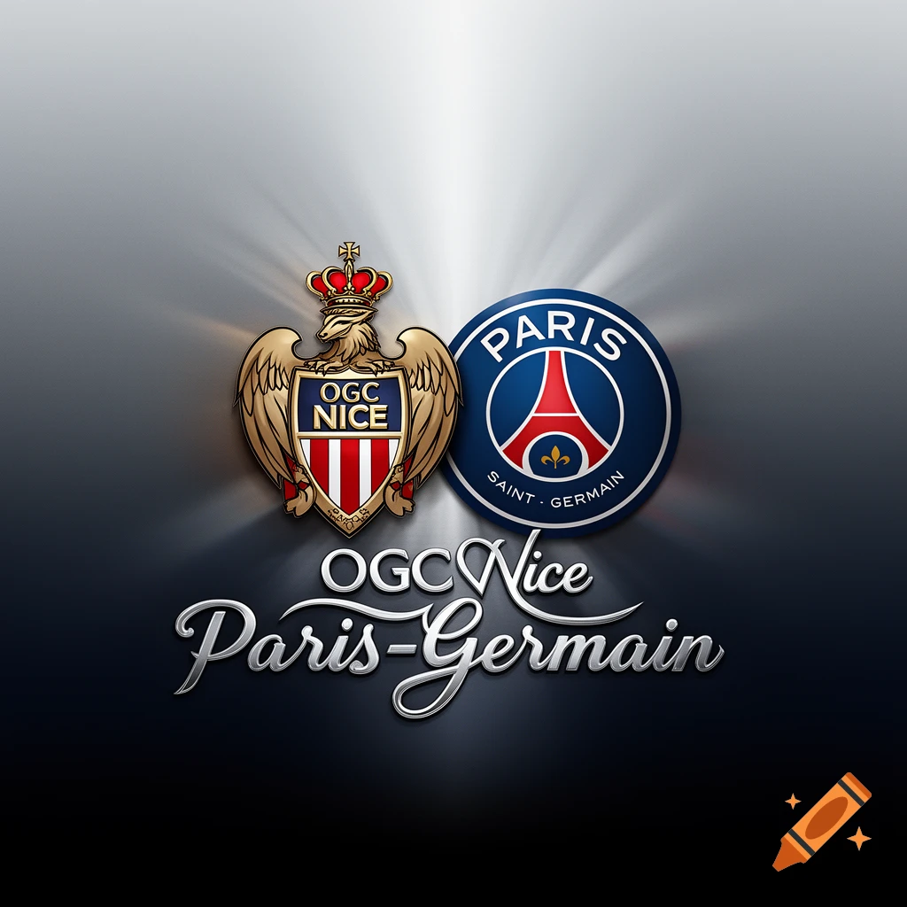 Football club logos for OGC Nice and Paris Saint-Germain on a metallic gradient background, with stylized text below.