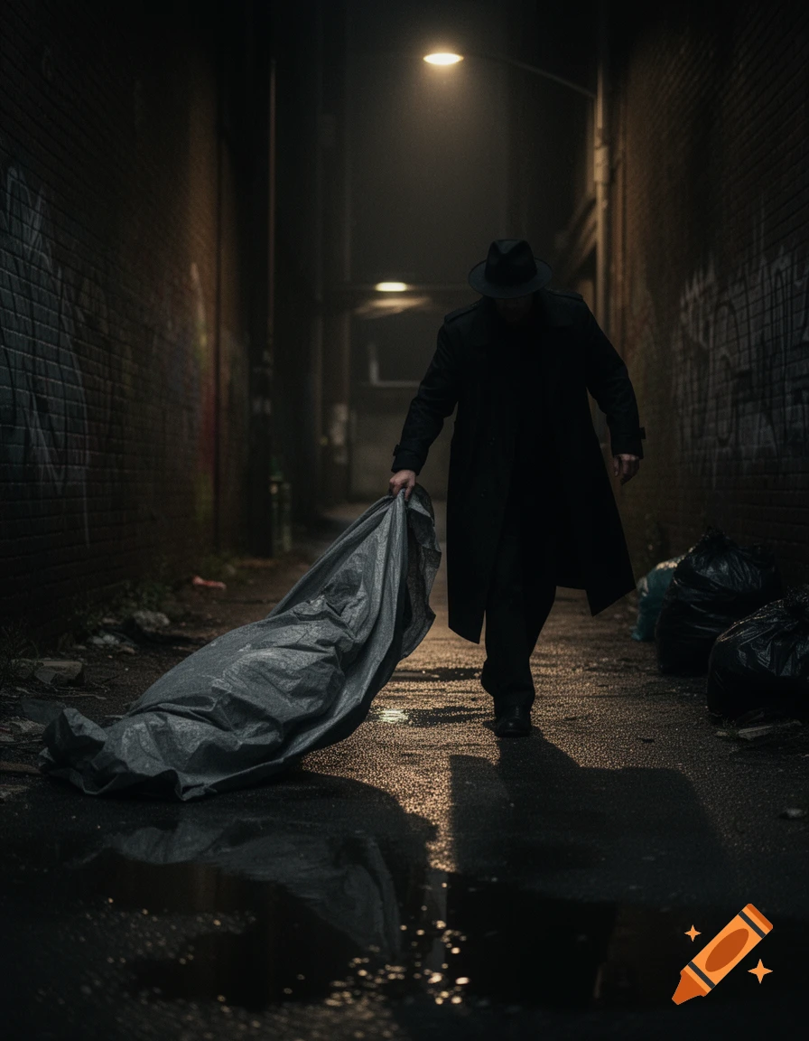 A mysterious person in a trench coat and fedora drags a large wrapped object through a dark, wet alley lit by a streetlamp at night.