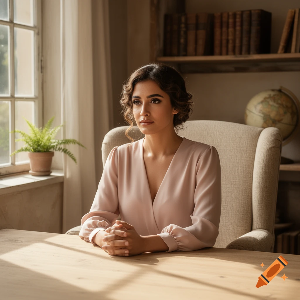 A woman in a pink blouse sits at a wooden desk, looking out a sunlit window in a room with a bookshelf.