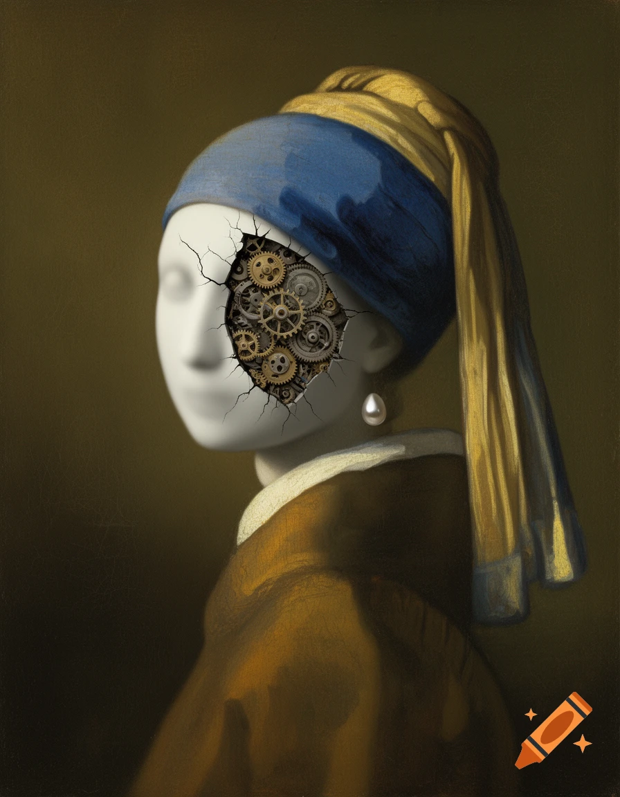 Surreal portrait resembling Vermeer's 'Girl with a Pearl Earring,' featuring a cracked, featureless white face revealing intricate golden gears.