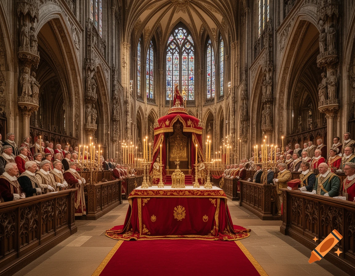 Grand cathedral interior set for an imperial coronation, featuring an ornate red and gold altar and numerous robed attendees, photorealistic.