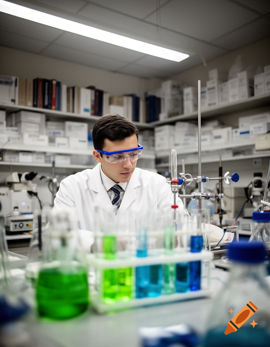 A male scientist in a lab coat and safety goggles works at a bench with test tubes and flasks containing colorful liquids.