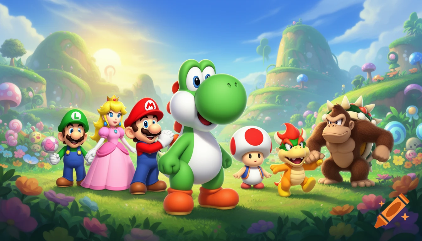 Mario, Luigi, Peach, Yoshi, Toad, Bowser Jr., and Donkey Kong in a vibrant fantasy landscape at sunrise.