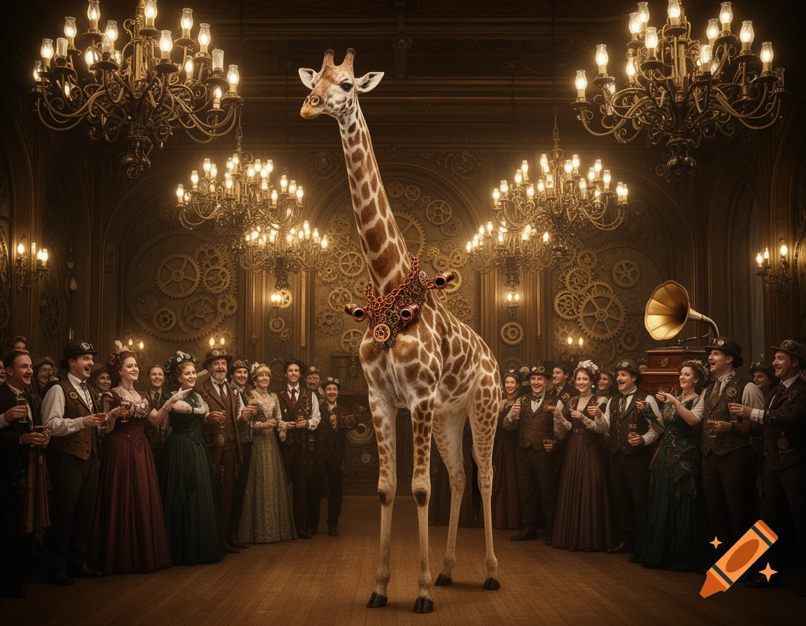A photorealistic image of a giraffe wearing steampunk armor standing in a grand ballroom filled with elegantly dressed steampunk party-goers.