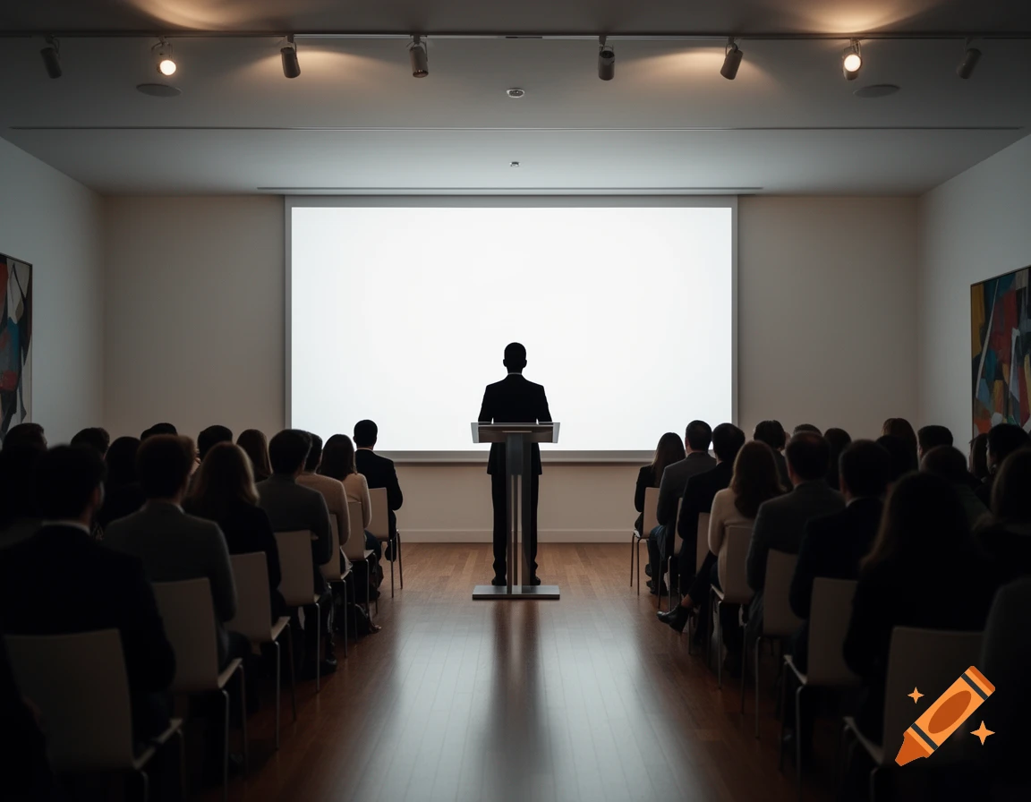 A silhouetted speaker stands at a podium in front of a blank screen, facing an audience seated in a dark, formal hall.
