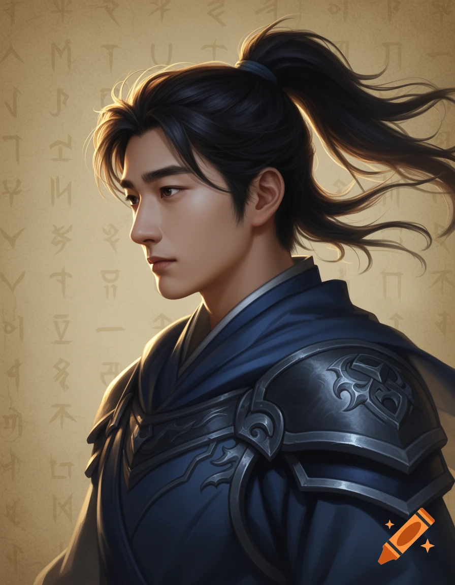 A portrait of a young man with dark hair in a ponytail, wearing blue ...