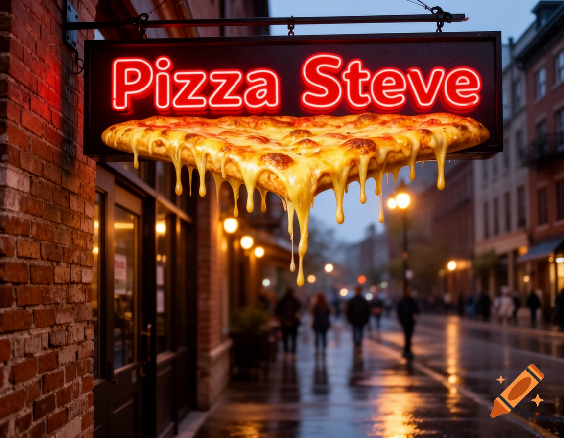 Neon sign for 'Pizza Steve' with a pizza featuring dripping cheese, hanging on a brick wall above a wet city street at dusk.