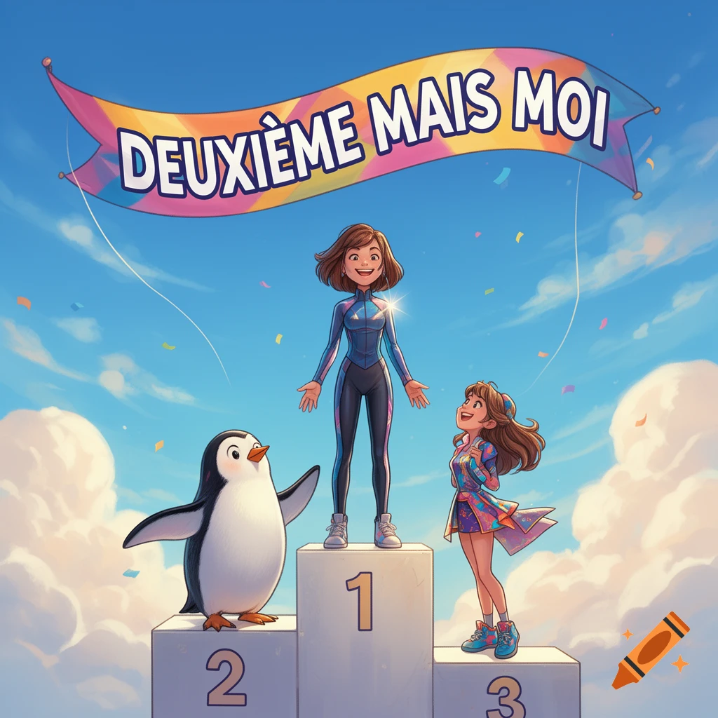 A cartoon woman, a penguin, and another woman on a podium, with a banner overhead reading "DEUXI ME MAIS MOI".