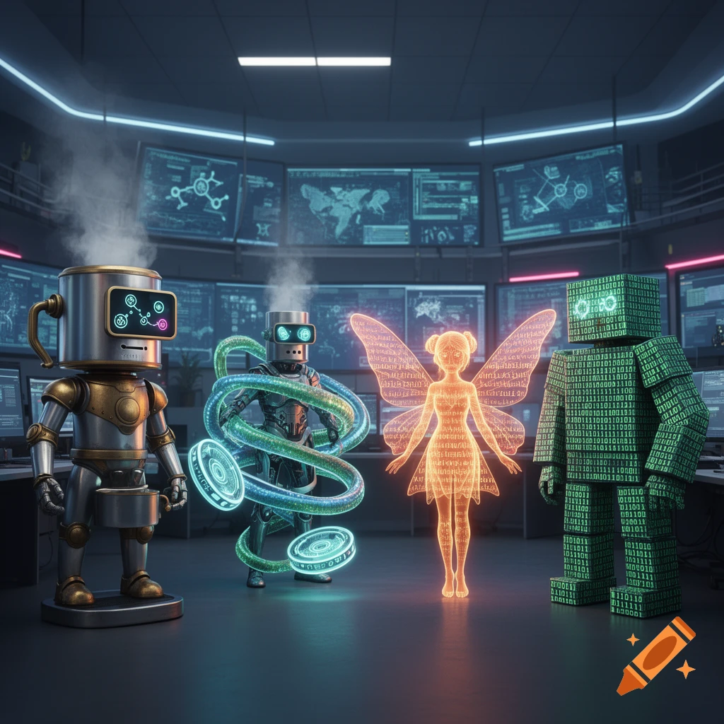 Four stylized characters, including a coffee cup robot, a spiral energy bot, a binary code fairy, and a blocky binary robot, stand in a futuristic cyber SOC with multiple screens.