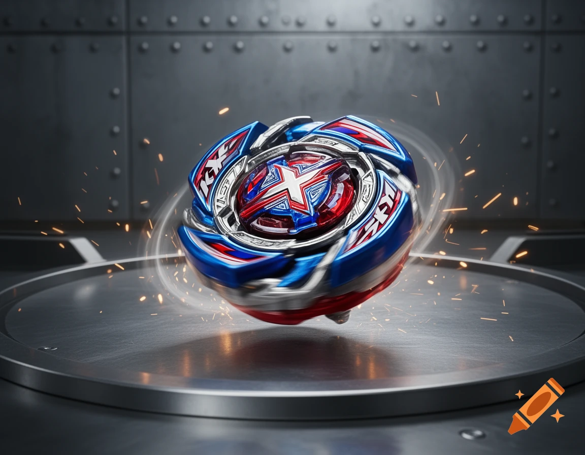 A red, white, and blue spinning top with an 'X' emblem, generating sparks as it spins on a metallic arena.
