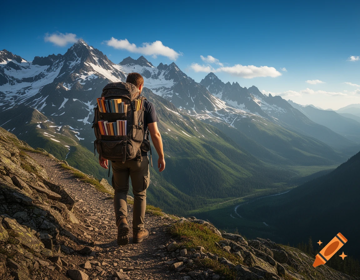 Photorealistic image of a person hiking a mountain trail with a backpack full of colorful books, overlooking a vast mountain range and valley under a clear blue sky.
