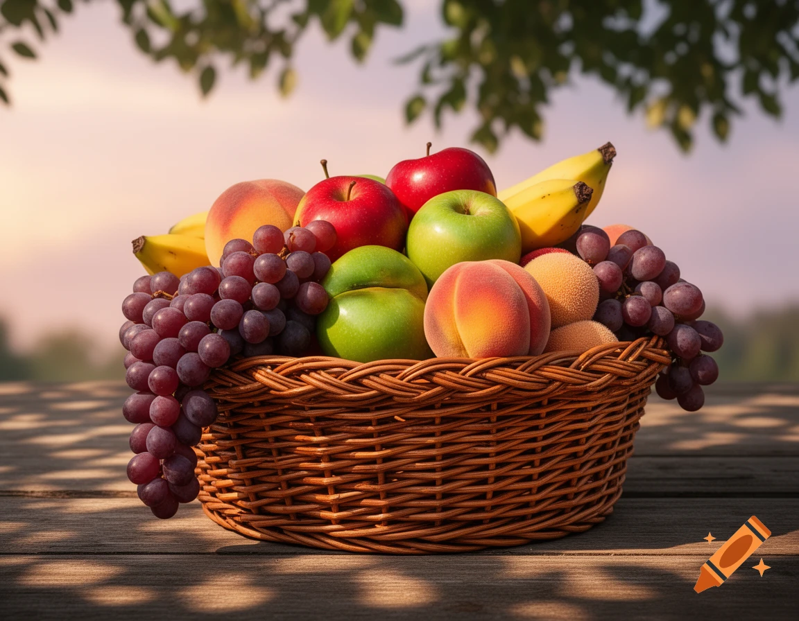 A woven basket overflowing with fresh red and green apples, peaches, bananas, and purple grapes on a wooden table outdoors.