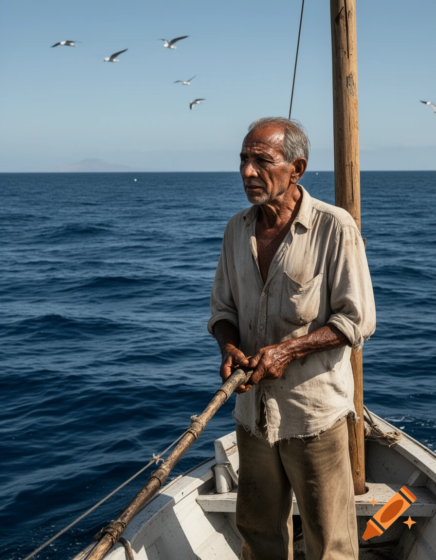 A weathered old man stands on a small fishing boat, gripping an oar, looking contemplatively at the vast blue ocean under a clear sky with flying seagulls. Photorealistic.
