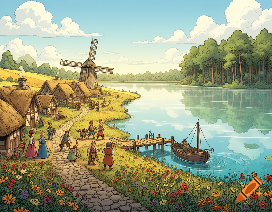 Comic-style illustration of a bustling medieval village by a large lake, with people, houses, a windmill, and a boat at a dock.