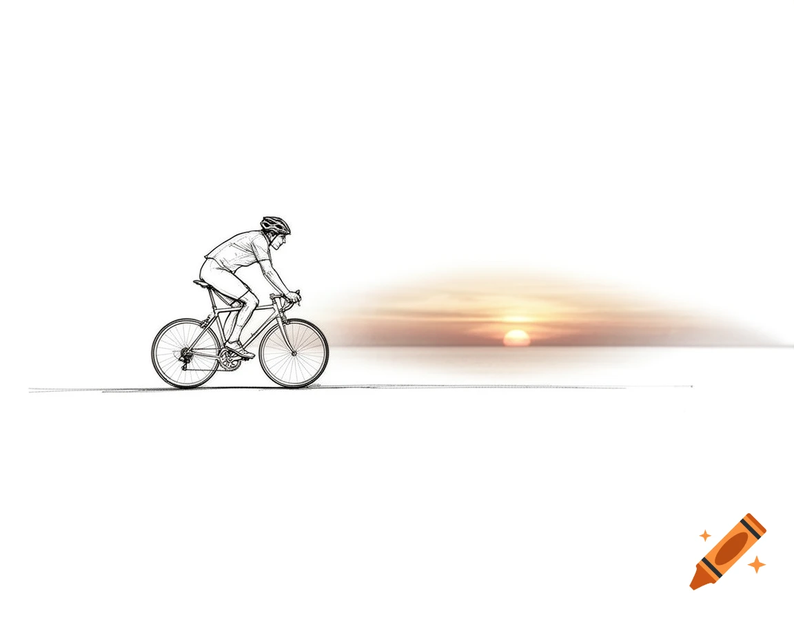 Minimalist black line drawing of a cyclist on a bicycle riding towards a distant sunset on a white background.