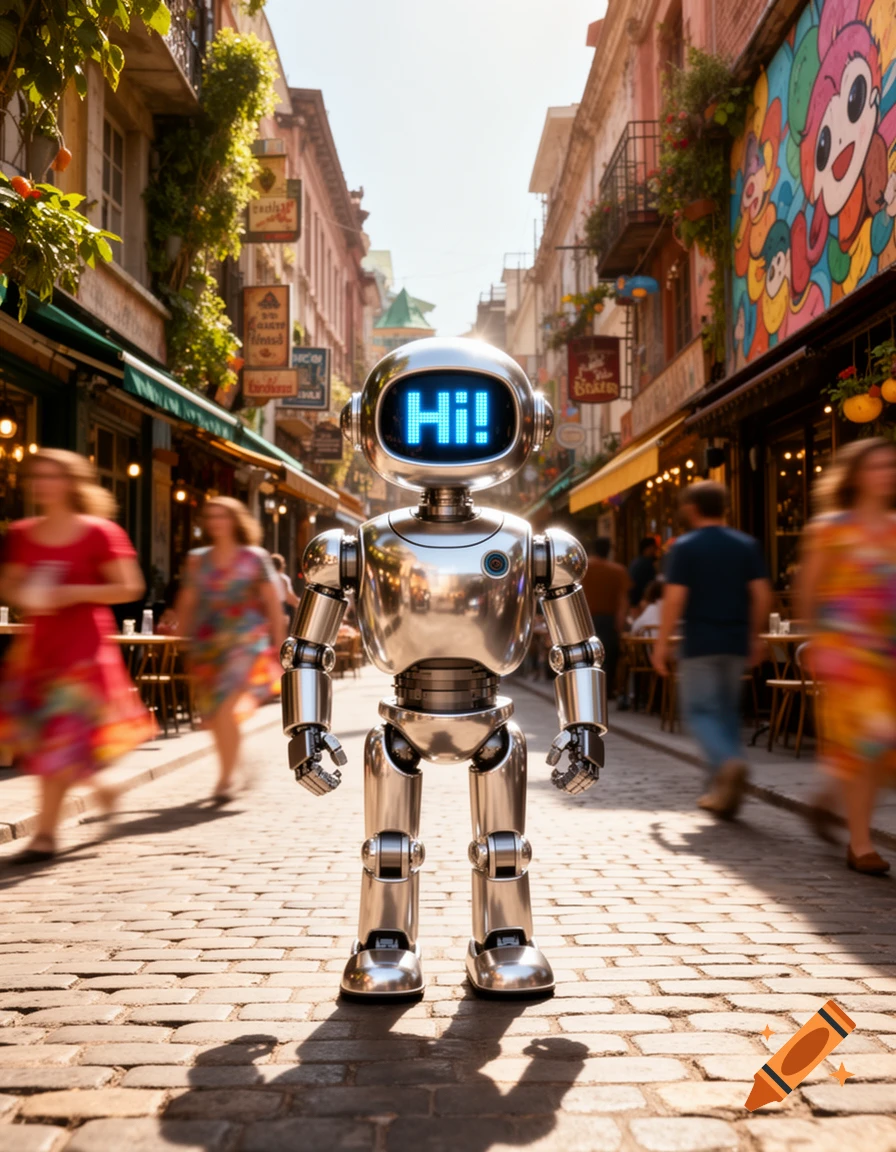 A photorealistic silver robot with "HI!" on its screen stands on a sunny, bustling cobblestone city street.