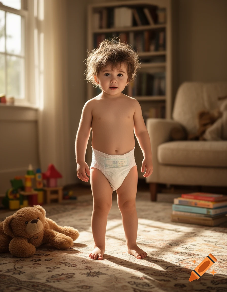 A young child with messy brown hair stands in a sunlit room, wearing a white diaper, with a teddy bear nearby.