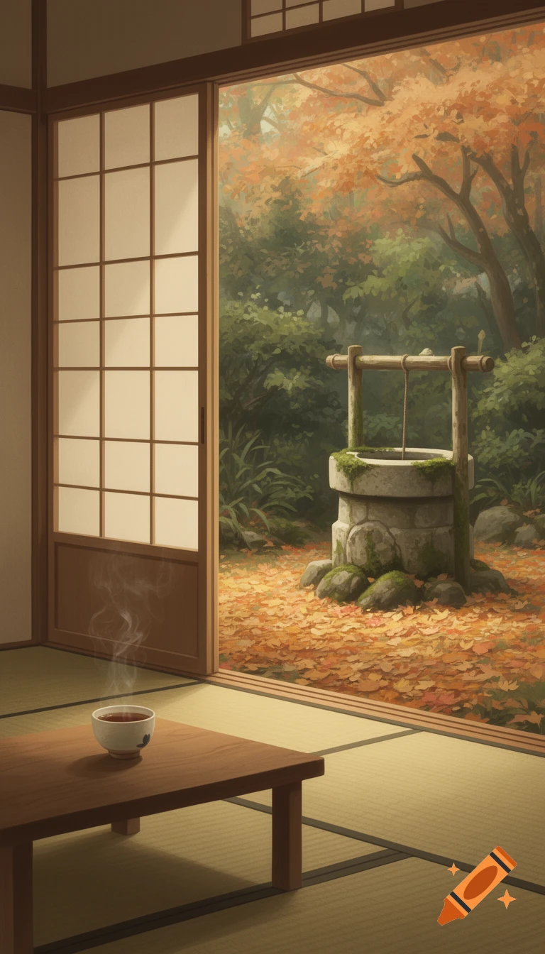 A serene drawing of a Japanese room with a steaming tea cup, overlooking an autumn garden with a stone well and fallen leaves.