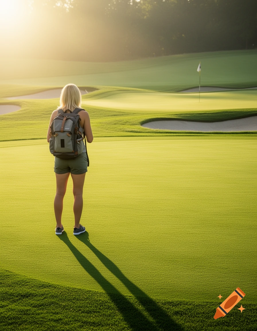 A blonde woman with a backpack stands on a bright green golf course at sunrise, casting a long shadow.