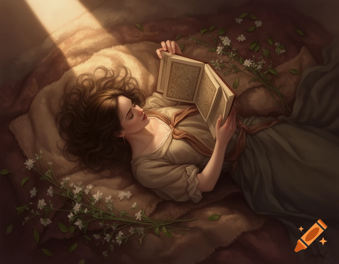 A woman with long brown hair lies on her back on a cozy blanket, reading an ornate book in a sunbeam, surrounded by white flowers. Digital painting.