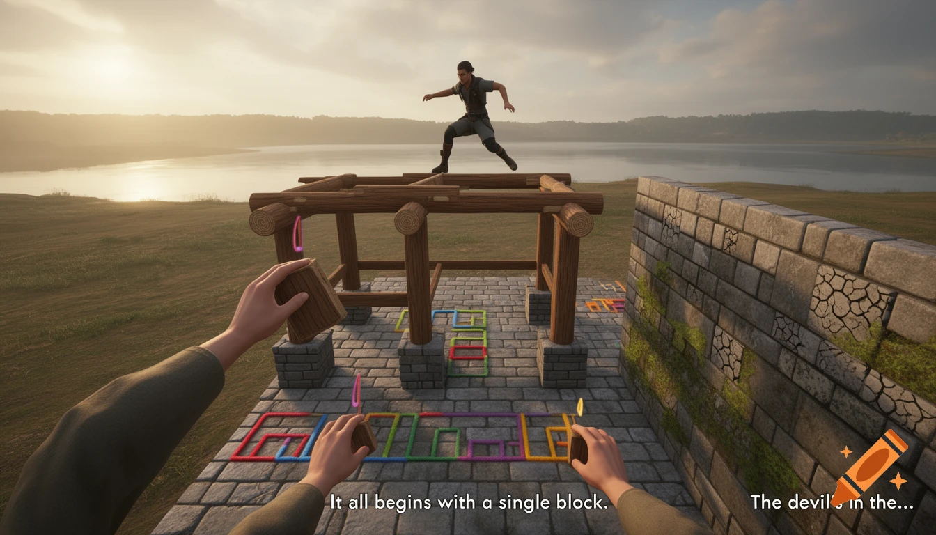 A first-person view of hands building a wooden block structure on a stone base, with a character leaping on top, overlooking a lake at sunset. Game art style.