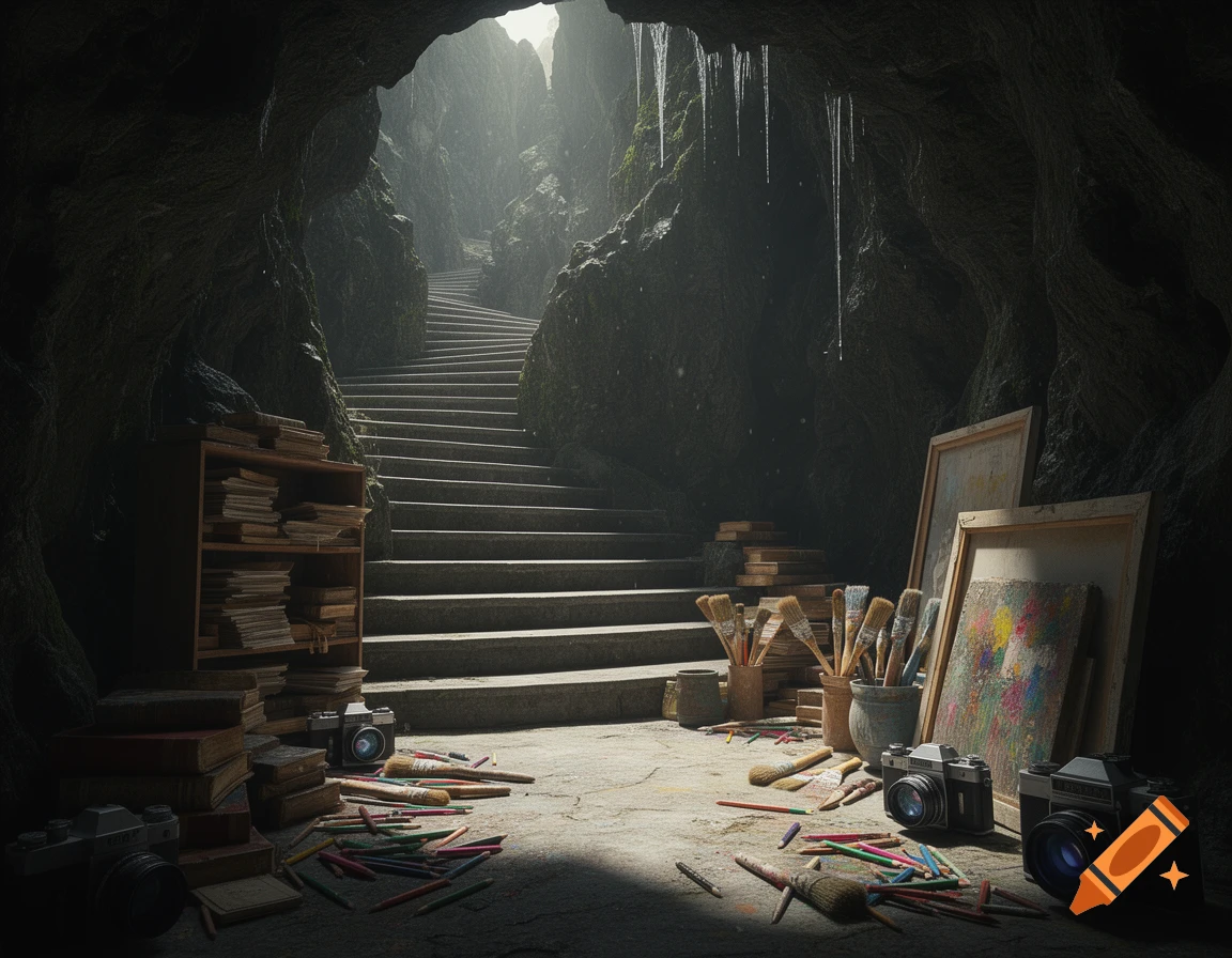 A long stone staircase in a dark cave leads to light, surrounded by piles of books, cameras, paintbrushes, and art supplies.