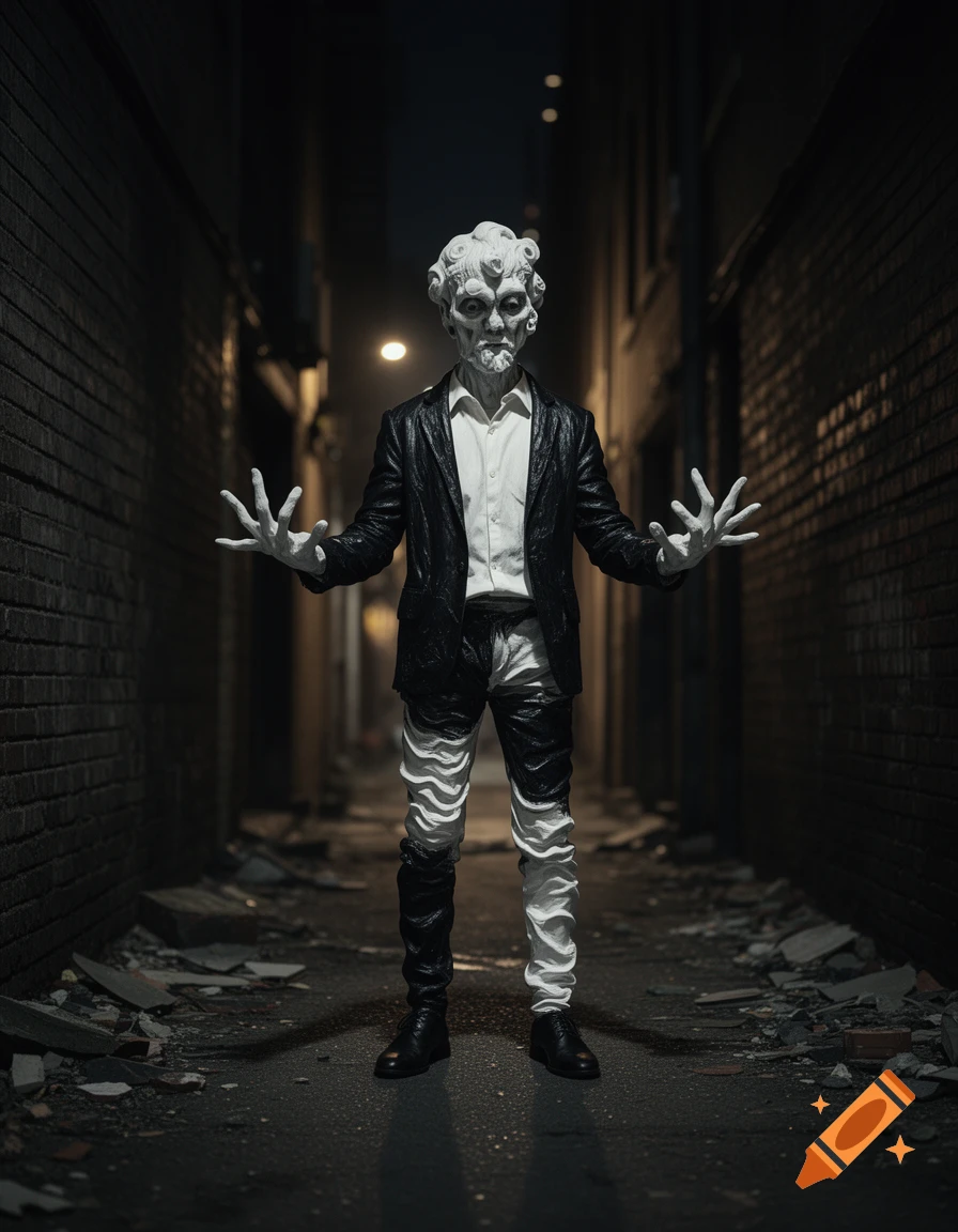 A distorted, white-skinned human-like creature with elongated hands and black and white textured clothing stands in a dark, debris-strewn alley.