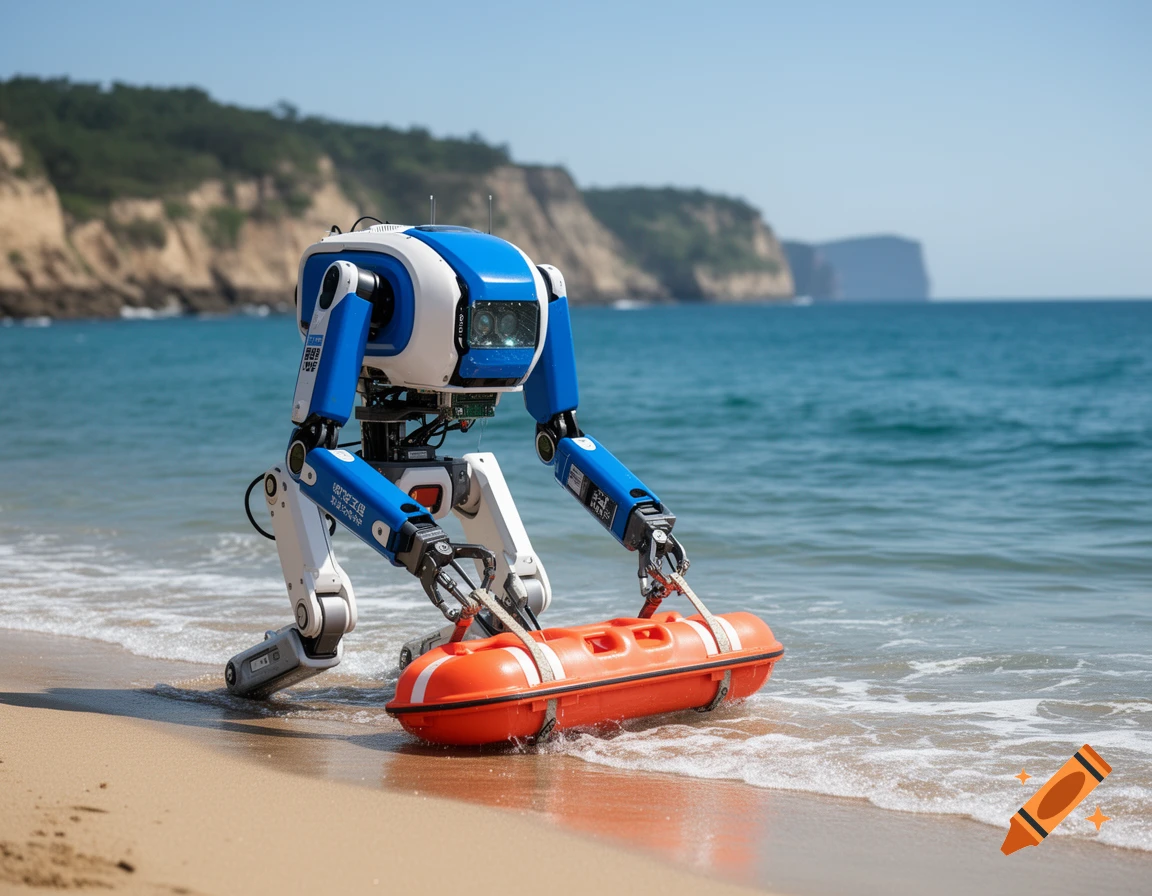 A blue and white robot on a sandy beach holds an orange rescue buoy in the ocean, with cliffs and clear skies.