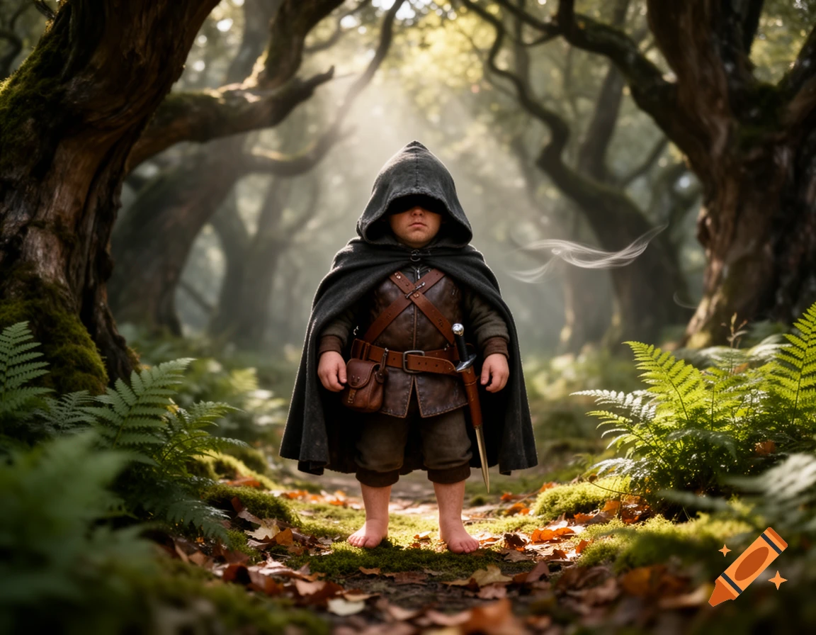 A short figure, a hobbit ranger in a dark hooded cloak and leather armor, stands barefoot on a mossy forest path, bathed in sunlight.