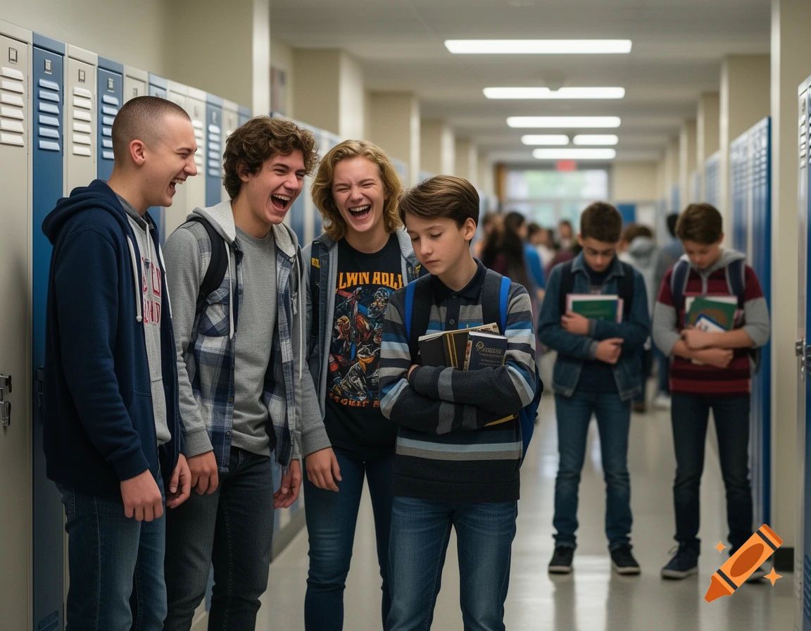 Four teenagers laugh loudly at a younger boy in a school hallway, who looks down sadly while holding books.