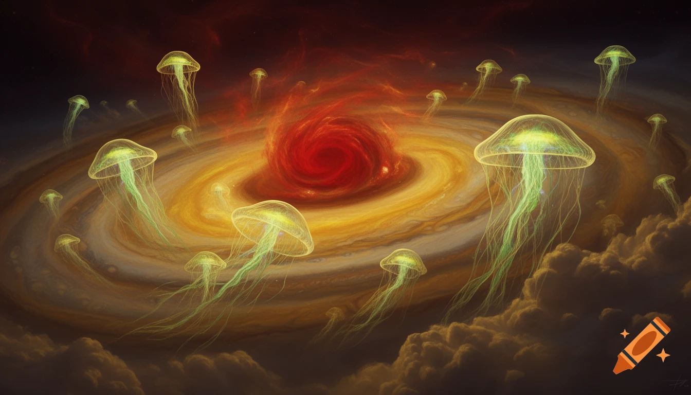 Glowing jellyfish-like creatures with long green tendrils float around a fiery red cosmic vortex in a swirling yellow and brown gas giant atmosphere.