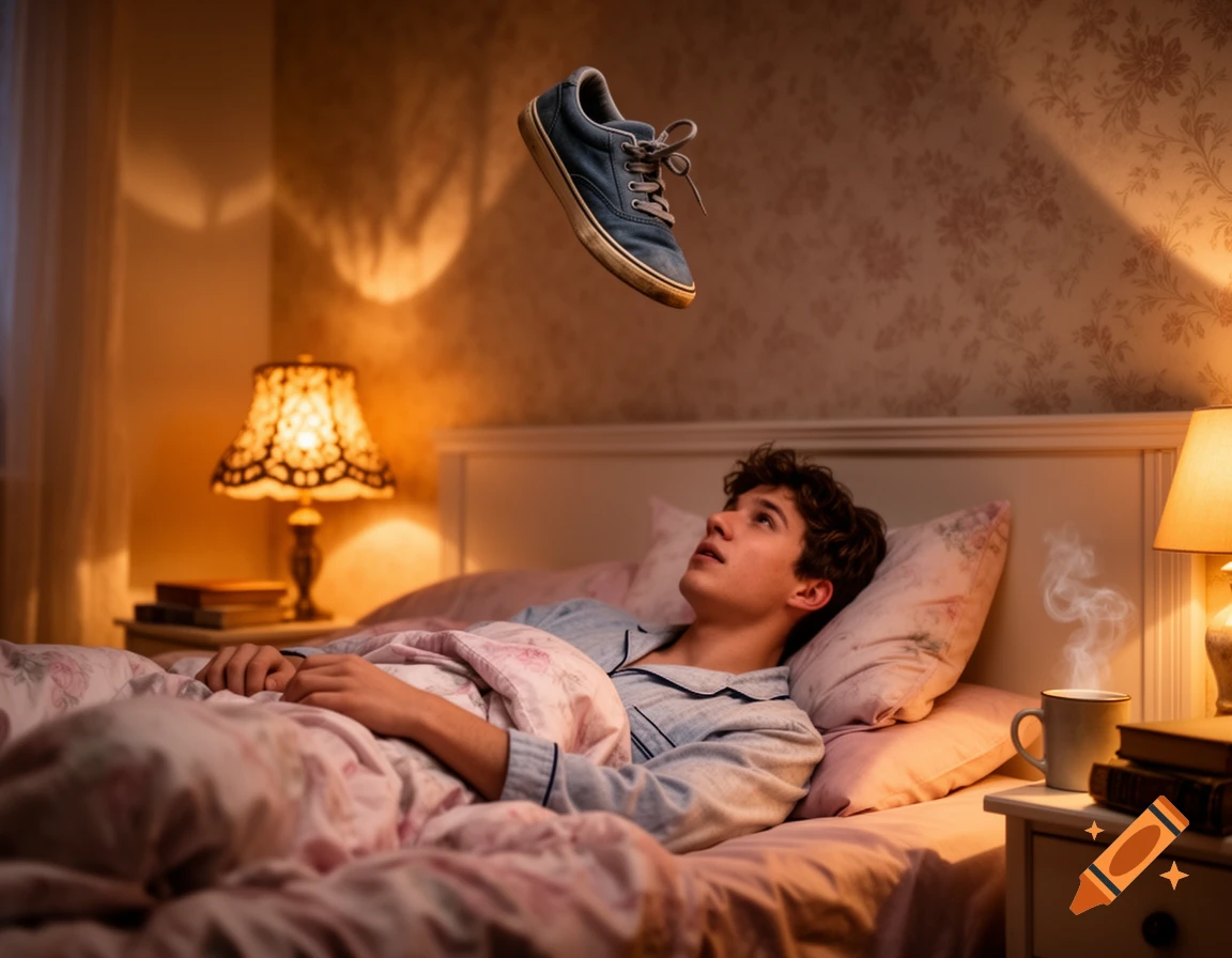 A young man in pajamas lies in a warm bedroom, looking up at a single floating blue shoe.