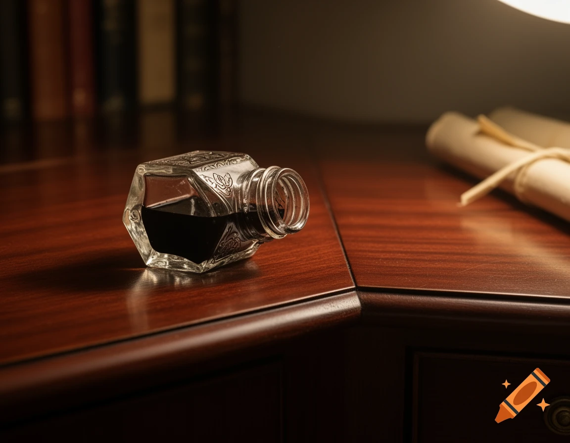 A decorative glass inkwell filled with dark ink lies on its side on a polished wooden desk, with a rolled scroll and books in the background.