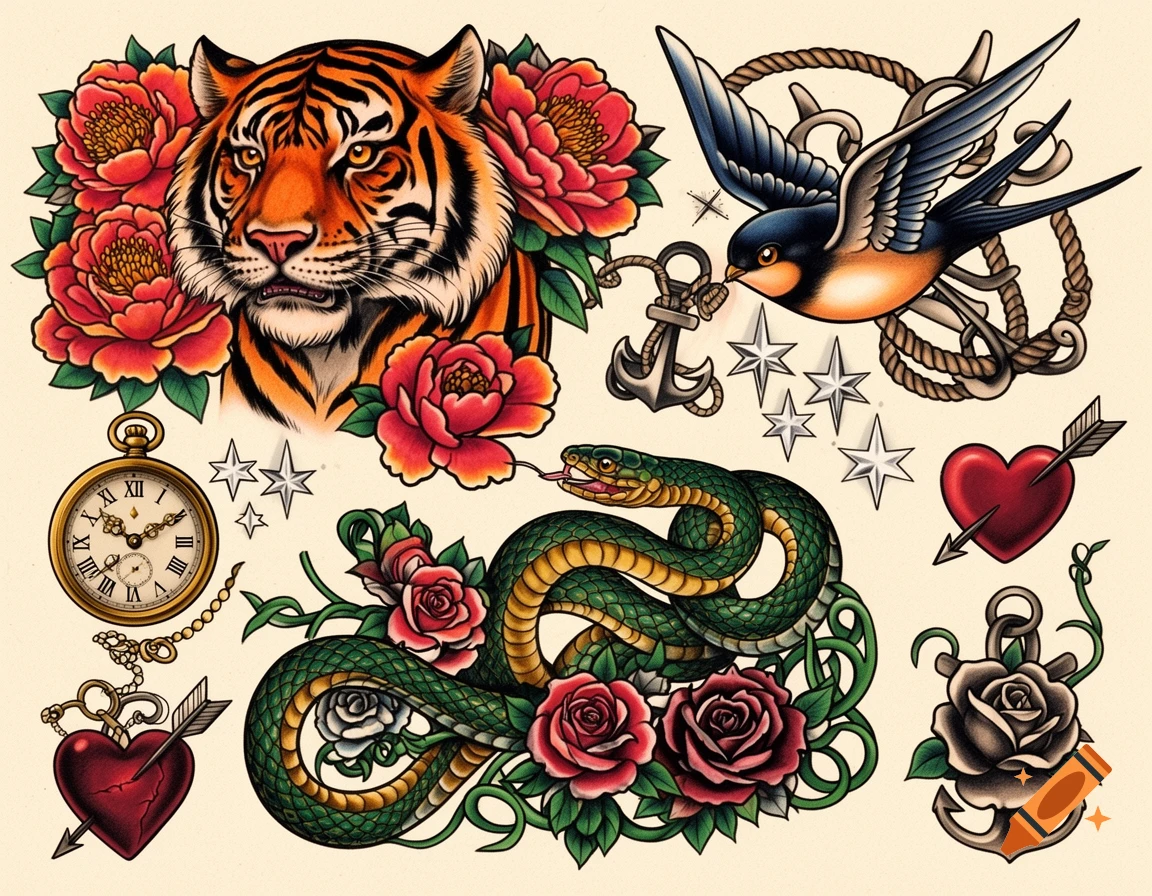 Neotraditional tattoo flash sheet with a tiger, swallow, snake with roses, pocket watch, anchors, hearts, and stars.