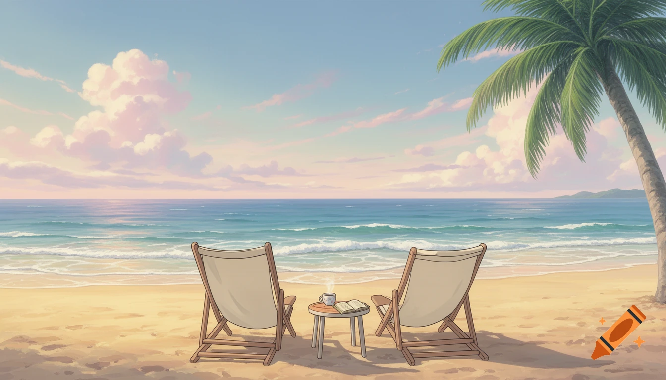 A calm Ghibli-style animated beach scene with two empty lounge chairs, a small table with a book, and a palm tree.