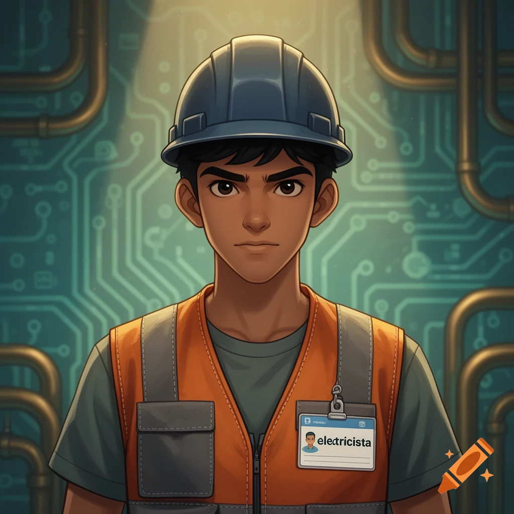 2D anime portrait of a young man in an electrician's uniform with a hard hat and a name tag reading 'electricista'.