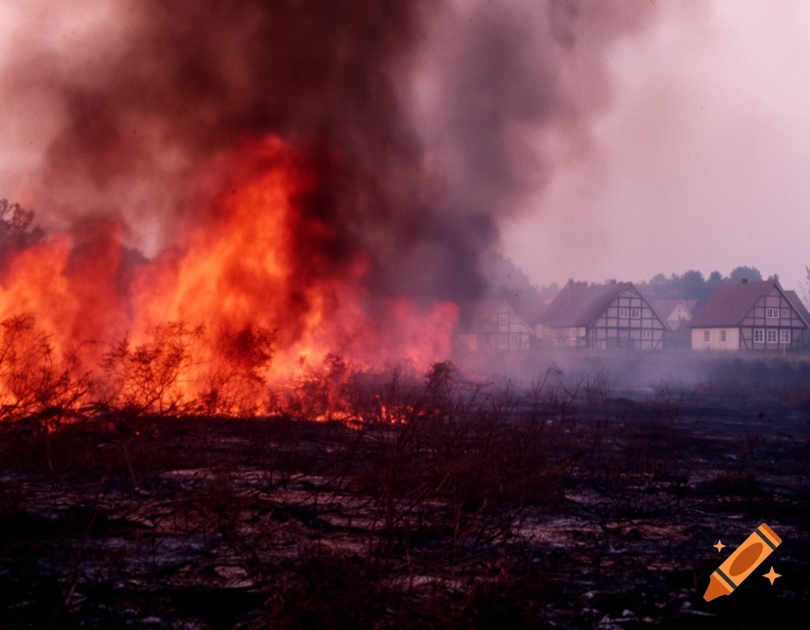A devastating wildfire with huge flames and thick smoke engulfs a field, with traditional houses visible in the background under a hazy sky.