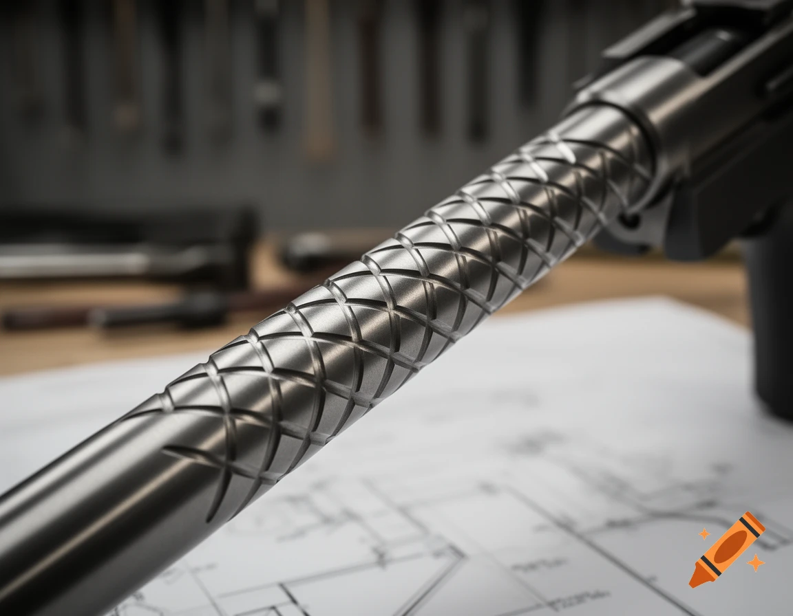 Close-up of a silver diamond-fluted rifle barrel on a technical blueprint.