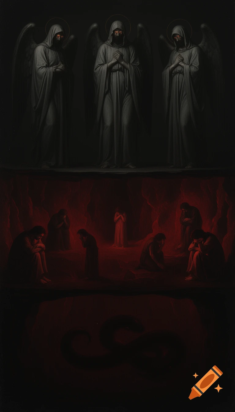 Three solemn hooded angels with glowing red eyes stand above a red-lit chasm where despairing figures sit. A faint serpent shadow is below. Dark, hyper-realistic art.