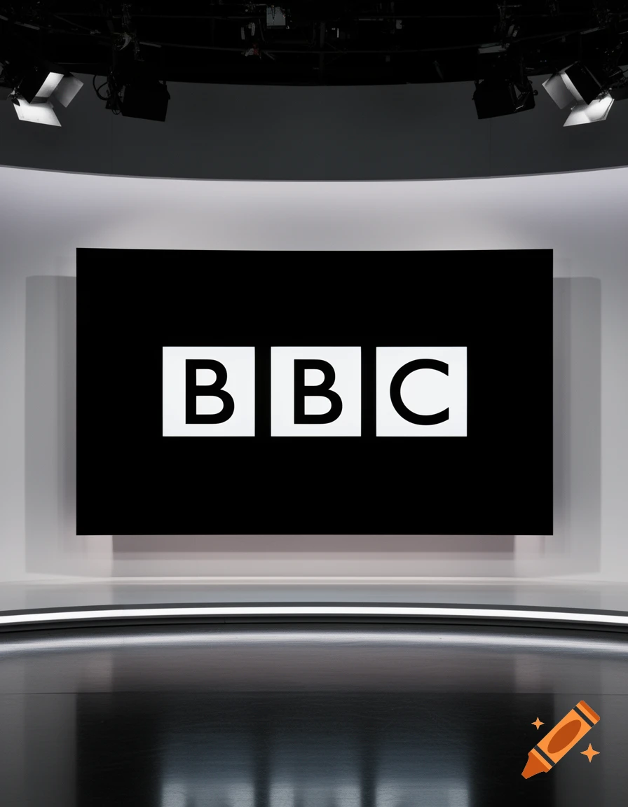 The BBC logo displayed on a large screen in a modern, well-lit television studio.
