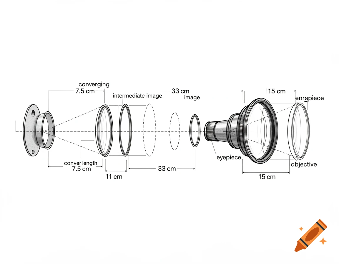 A black and white schematic diagram illustrating the components and measurements of a lens system, including converging lenses, an eyepiece, and an objective.
