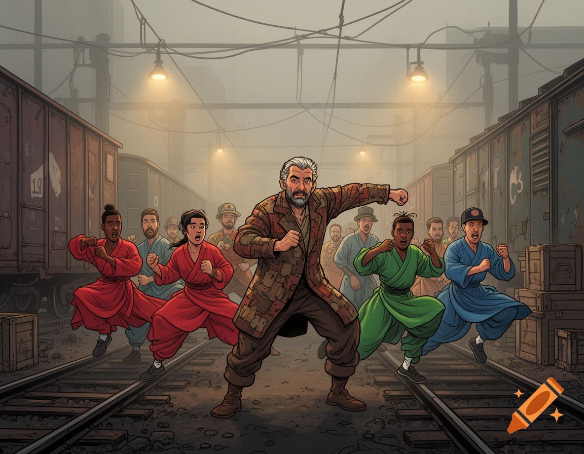 A group of diverse individuals in martial arts poses, led by an older man, on train tracks between boxcars in a comic art style.