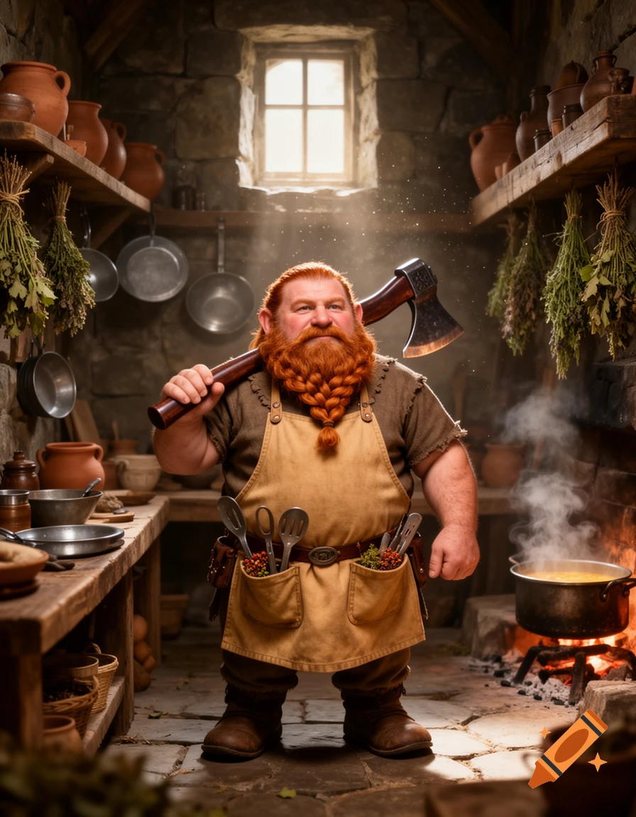 A stout, red-bearded dwarf chef in an apron holds an axe in a rustic stone kitchen with cooking pots and herbs.
