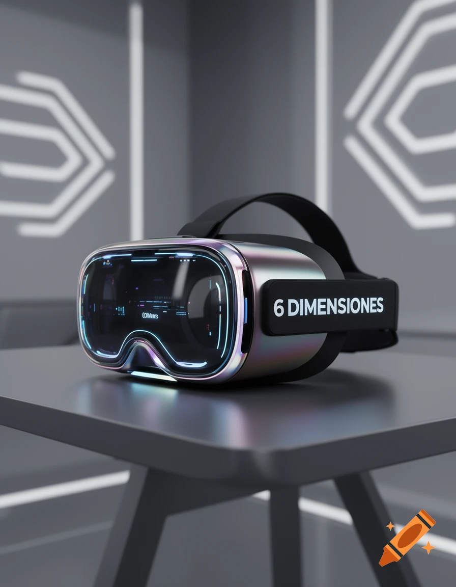 A metallic VR headset with "6 DIMENSIONES" text rests on a dark table in a sleek, gray, modern room.