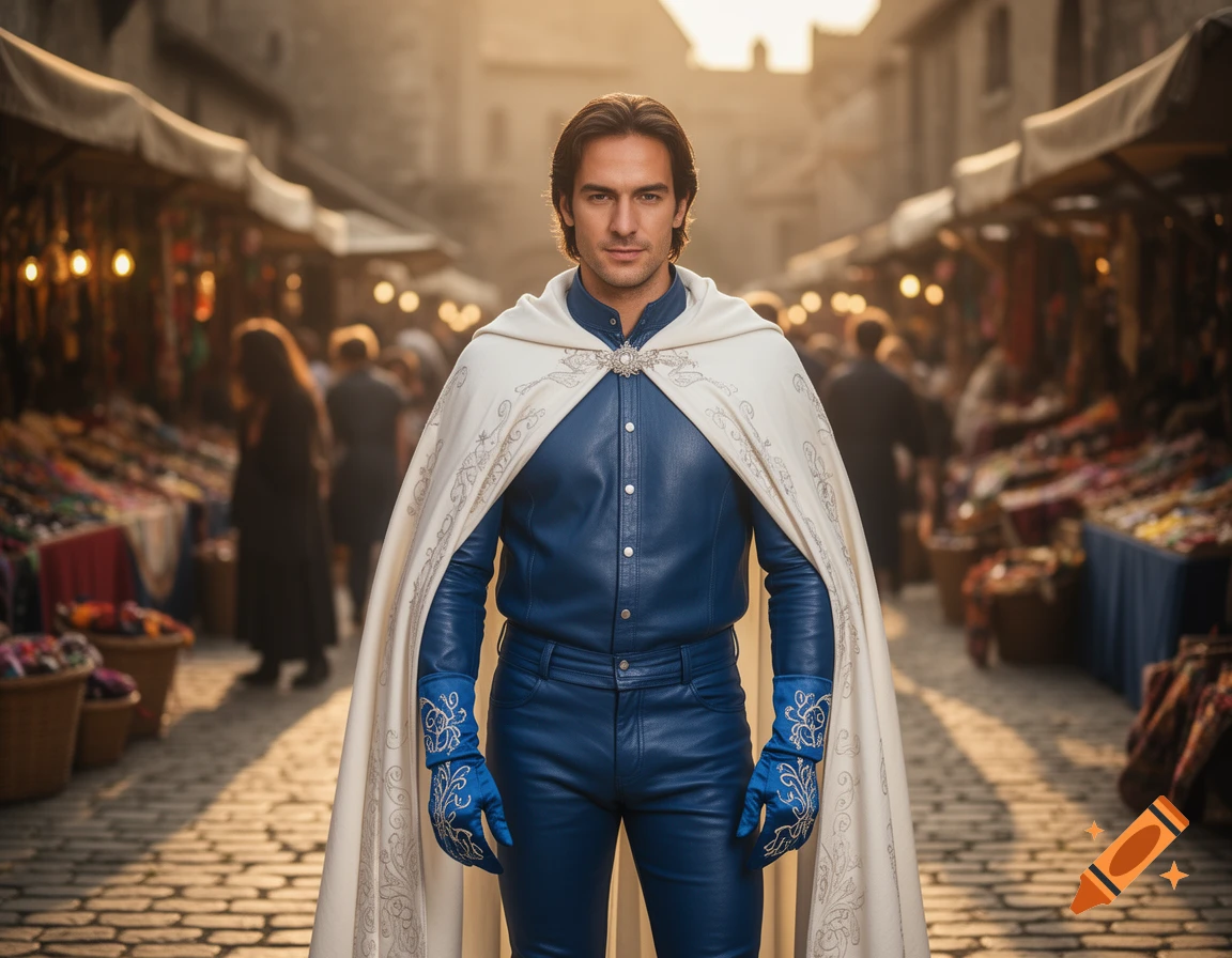 A man in a blue leather outfit and a white embroidered cape stands in a bustling marketplace at sunset.